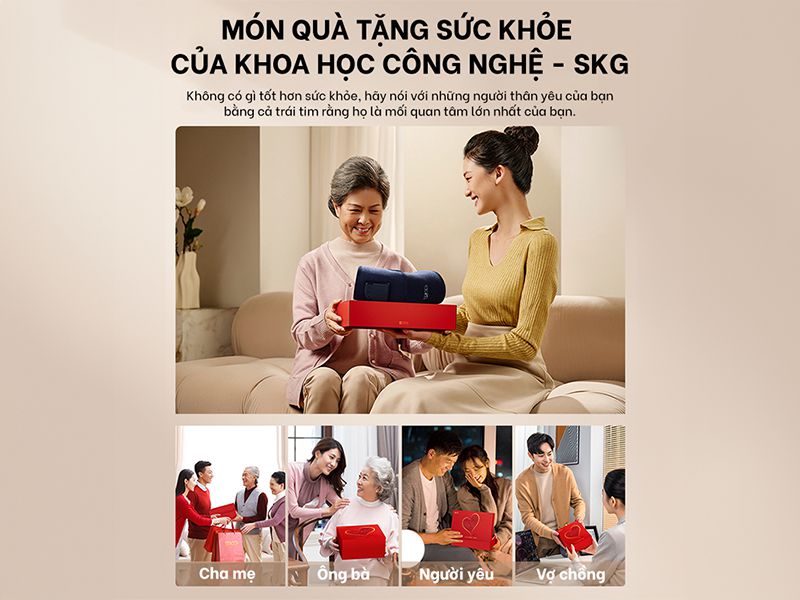 Bộ sản phẩm máy massage đầu gối SKG W3 được đóng gói theo hình thức hộp quà màu đỏ tinh tế rất phù hợp với mục đích gửi tặng đến những người thân yêu