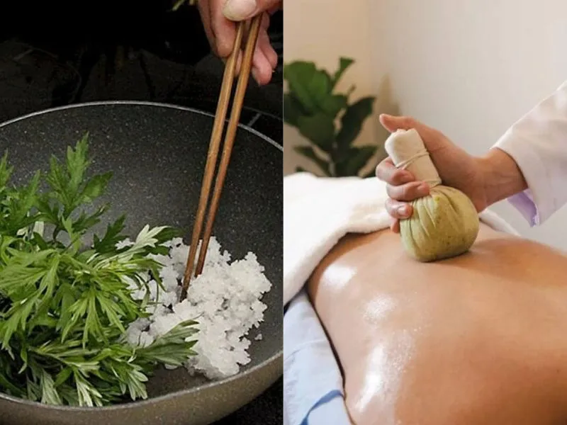  Đắp nóng hỗn hợp ngải cứu hoặc lá lốt và muối