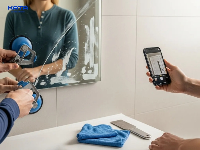 Gương méo hình, khung lung lay, dễ rơi nên kiểm tra và cố định gương