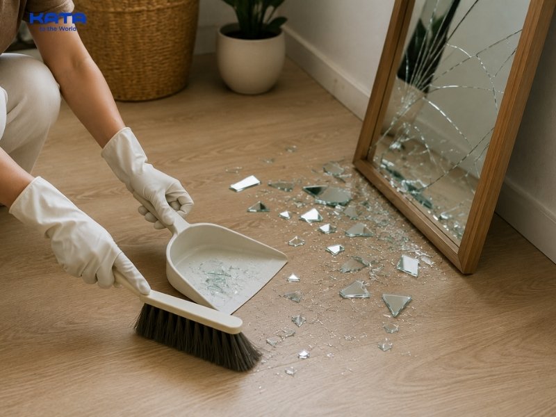 Dùng băng dính bản lớn, dùng chổi để làm sạch mảnh kính vụn