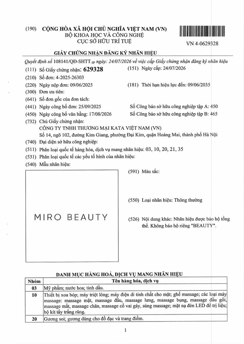 Giấy đăng ký nhãn hiệu Miro Beauty