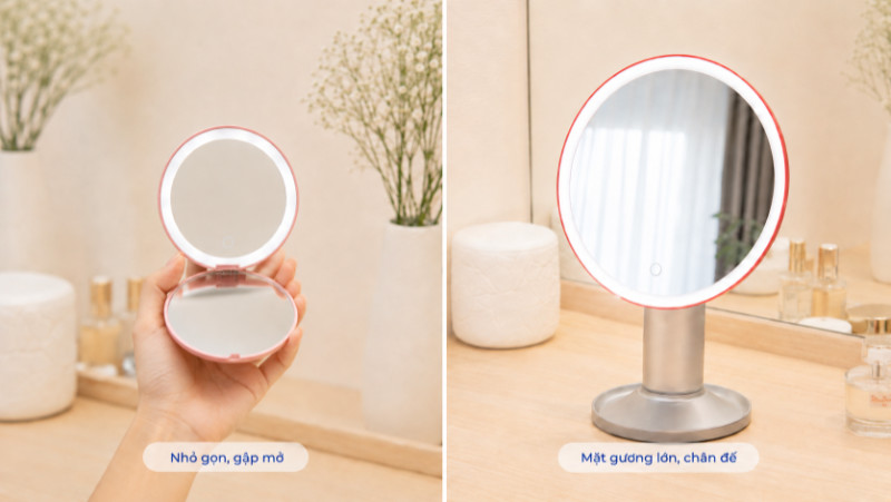 So sánh về thiết kế của gương Led trang điểm cầm tay và để bàn