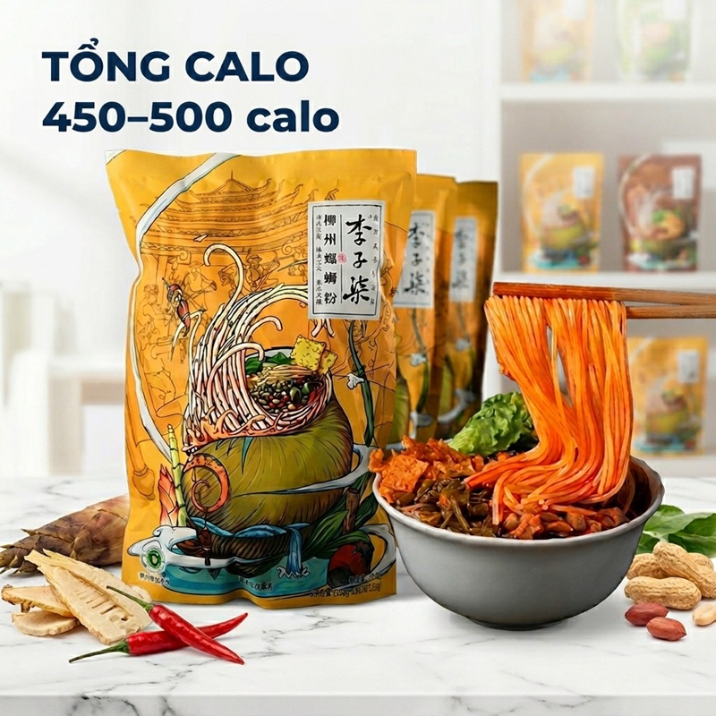 Một gói bún ốc Liễu Châu ăn liền thông thường có trọng lượng khoảng 300–335g sẽ chứa khoảng 450–500 calo.