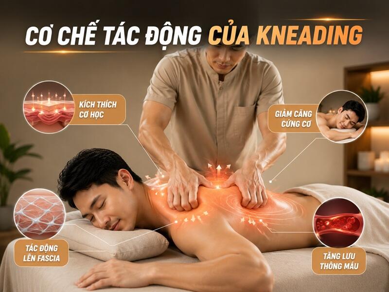 Kneading tác động sâu hơn vào mô cơ so với massage rung thông thường