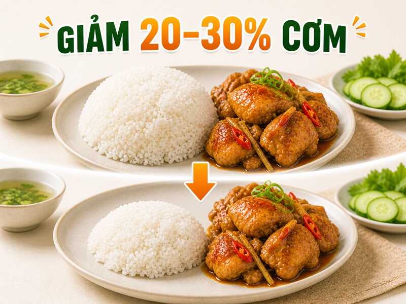 Giảm khoảng 20–30% lượng cơm so với bình thường