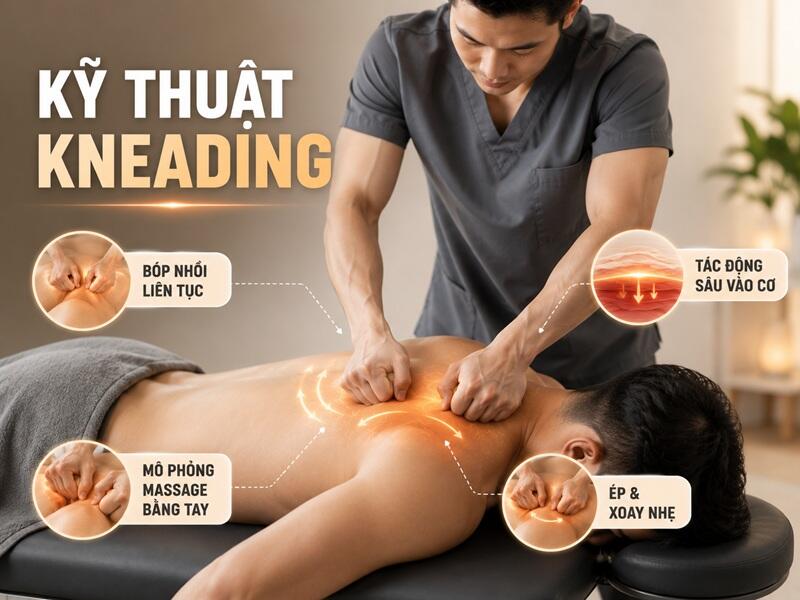 Kneading là kỹ thuật massage mô phỏng động tác nhồi bóp bằng tay.