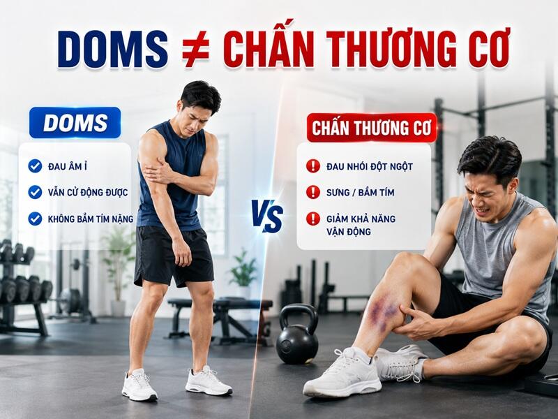 DOMS thường đau âm ỉ, còn chấn thương cơ thường đau nhói rõ rệt.