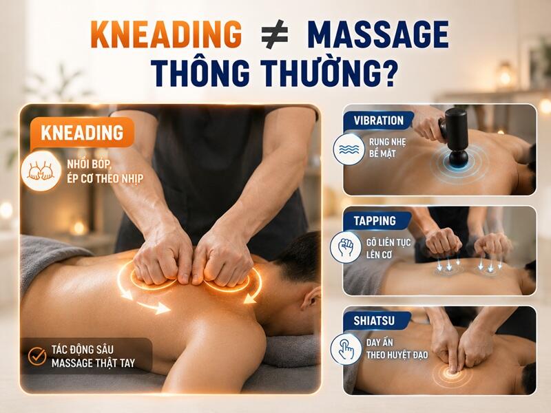 Kneading thiên về nhồi bóp cơ sâu thay vì rung hoặc gõ nhanh