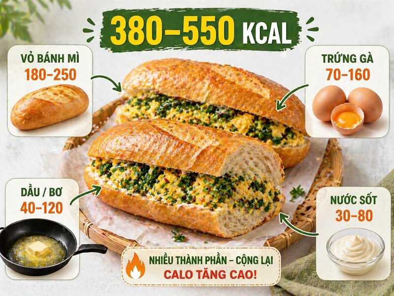 Một chiếc bánh mì trứng lá ngải thường dao động khoảng 380 – 550 kcal