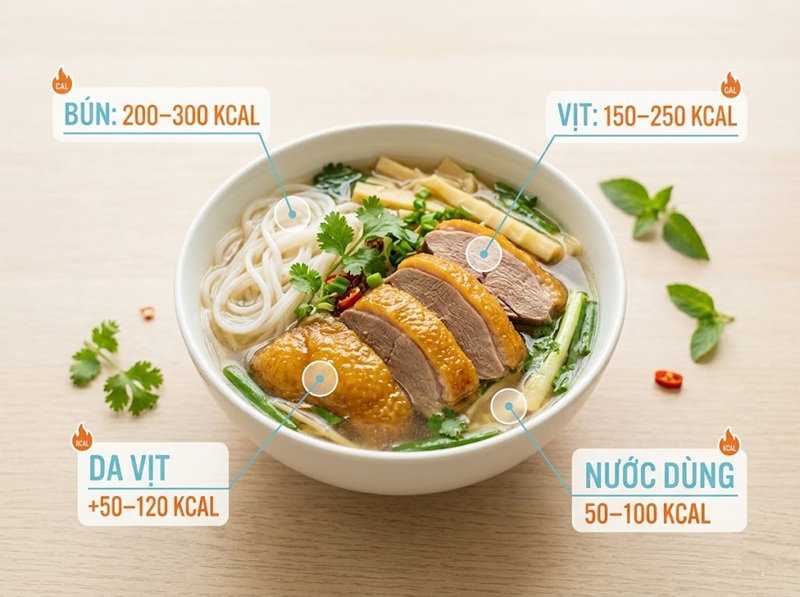 Trung bình, một tô bún măng vịt phổ biến ngoài hàng sẽ rơi vào khoảng 450 – 650 kcal