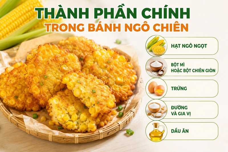 Bánh ngô chiên thường gồm ngô, bột, trứng và dầu ăn