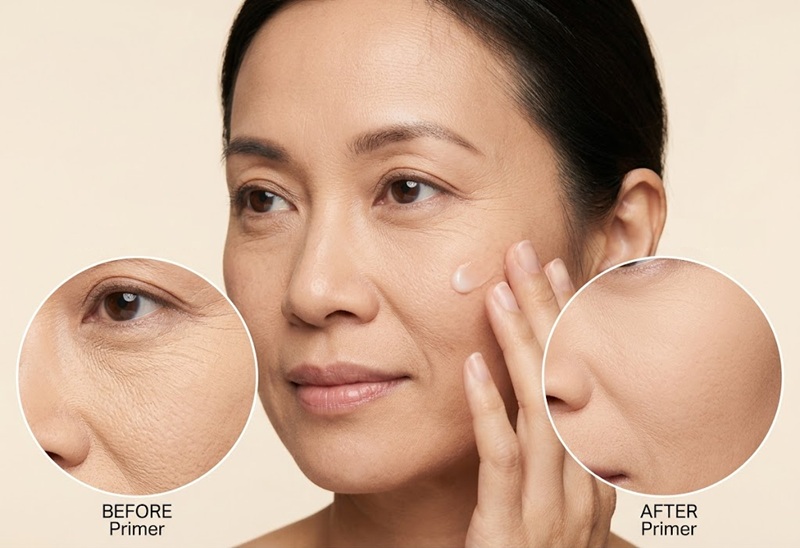 Hãy sử dụng kem lót (primer) có chứa silicon hoặc các gốc làm mờ lỗ chân lông trước khi đánh nền