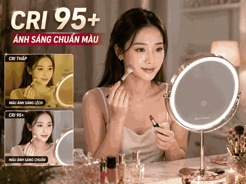 CRI 95+ giúp makeup chuẩn màu như ánh sáng tự nhiên.