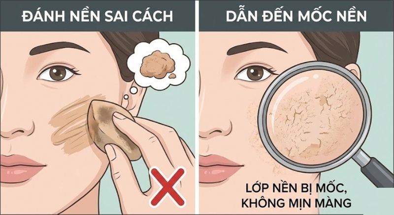 Đánh nền quá dày khiến mặt nặng và bè