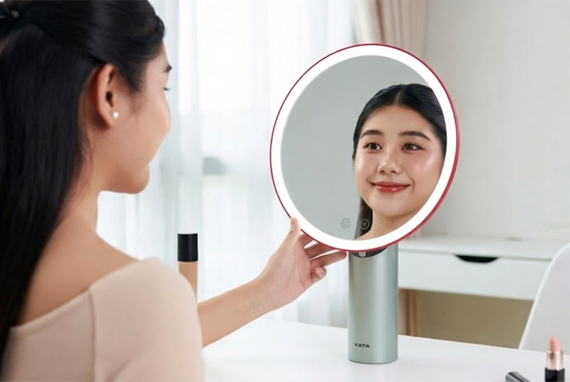 Dùng gương led trang điểm cầm tay có độ phóng đại lớn để kiểm tra ở cự ly gần