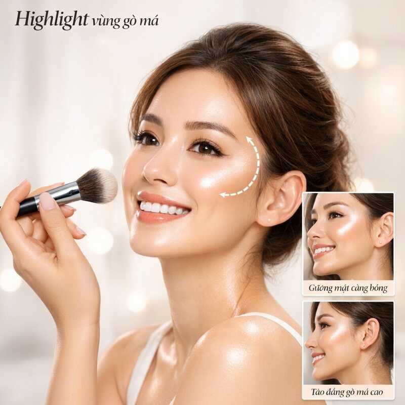Highlight vùng gò má giúp nâng mặt và căng bóng