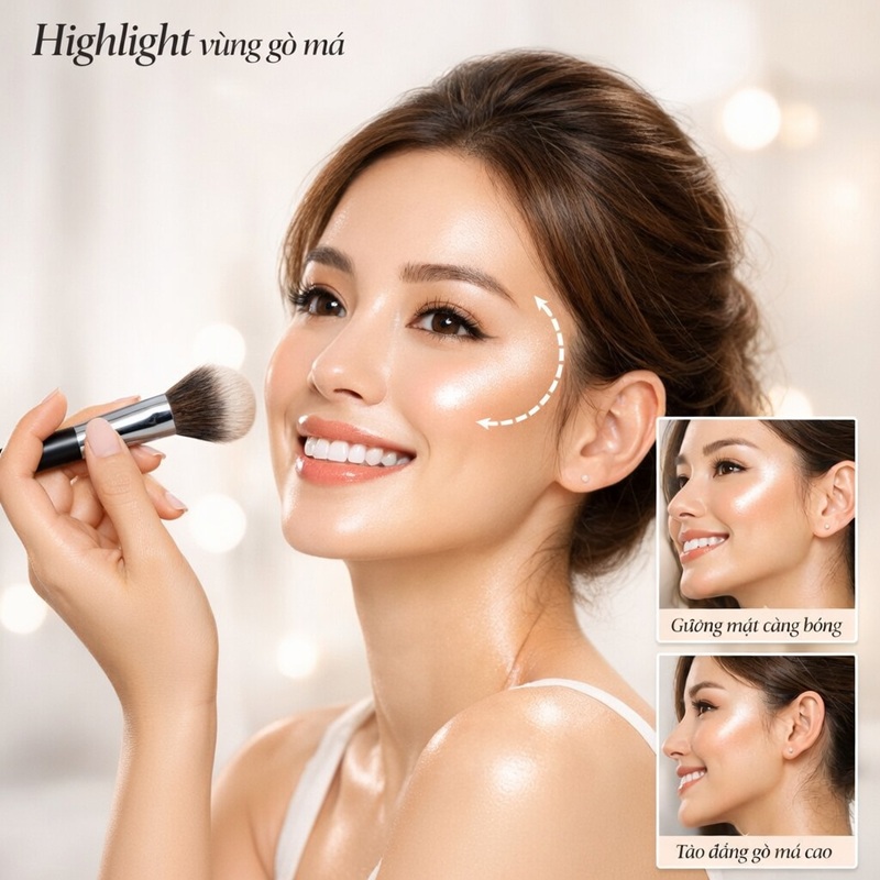 Highlight vùng gò má giúp nâng mặt và căng bóng