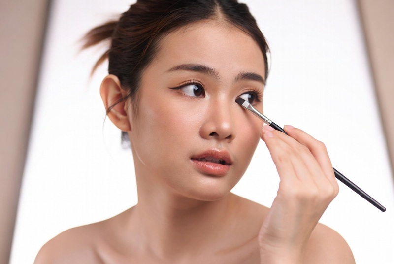 dùng một chiếc cọ nhỏ đầu dẹt hoặc tăm bông tán nhẹ lên đường liner vừa kẻ