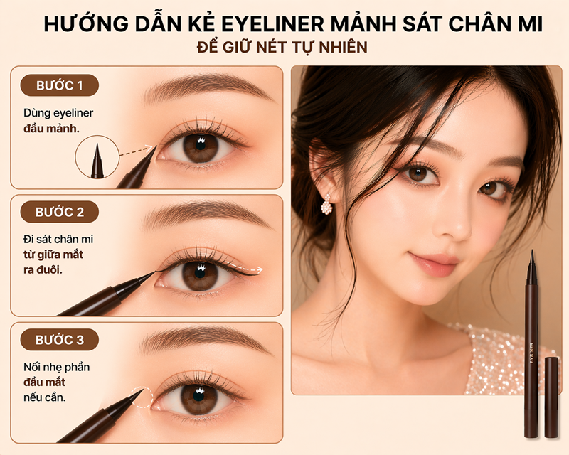 Kẻ eyeliner mảnh sát chân mi để giữ nét tự nhiên