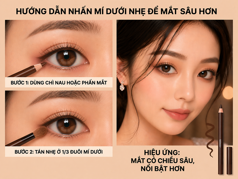Nhấn mí dưới nhẹ để mắt sâu hơn
