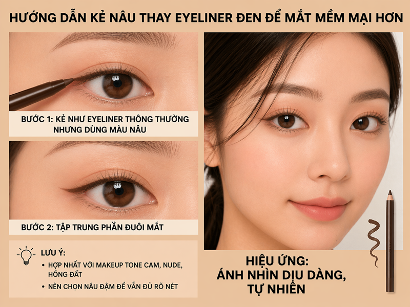 Kẻ nâu thay eyeliner đen để mắt mềm mại hơn