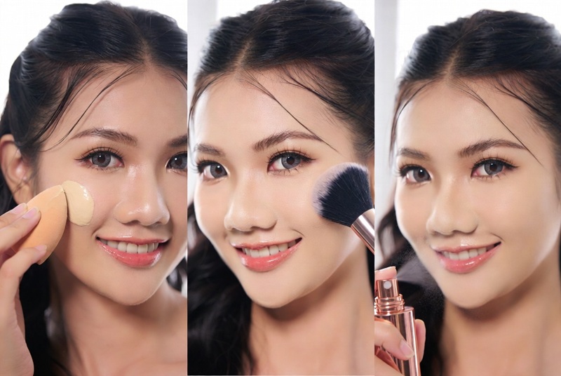 Kết hợp xịt khoáng với kem nền và phấn phủ