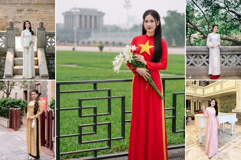 Khi mặc áo dài, hãy chọn tông hồng đất hoặc đỏ gạch nhẹ