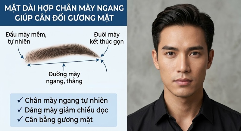 Mặt dài hợp chân mày ngang giúp cân đối tổng thể