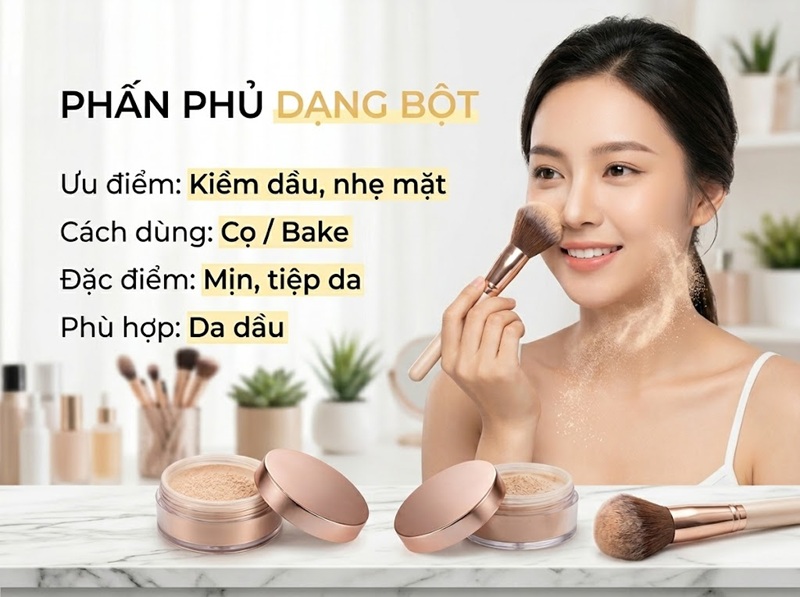 Phấn phủ dạng bột: Mỏng nhẹ, kiềm dầu tốt, hợp makeup lâu trôi