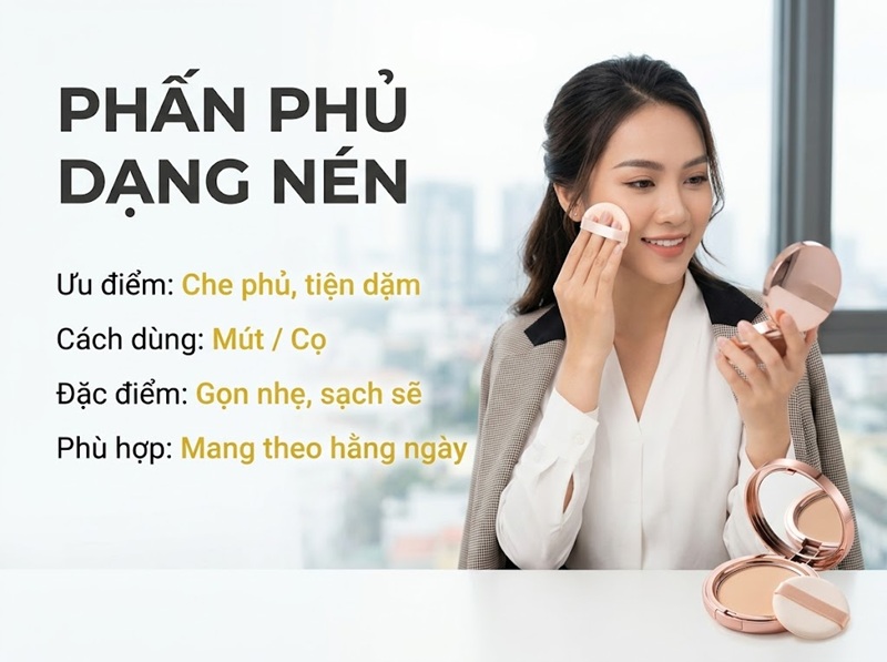 Phấn phủ dạng nén: Gọn nhẹ, tiện dặm lại giữa ngày