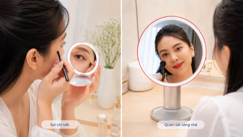 So sánh quan sát khi trang điểm giữa gương led cầm tay và để bàn