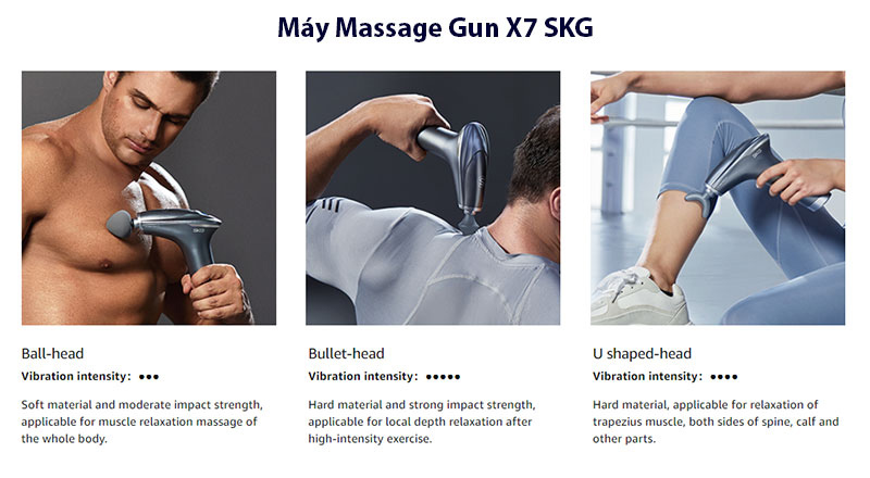 Máy massage gun giảm mỡ SKG X7 được trang bị 04 đầu massage với hình dạng khác nhau dựa trên cấu trúc sinh học cơ thể người